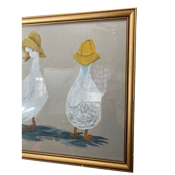 Vintage Original‎ & Signed Ducks with Hats Painting 1986 21.5"x 17.5" - Picture 3 of 7